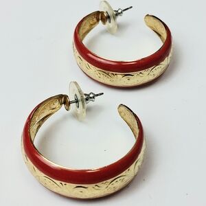 Vintage Hoops Red And Gold Tone Earrings Elegant Red and Gold Hoop Earrings